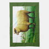 ヴィンテージの緑の牧草地絵画羊 キッチンタオル (縦)