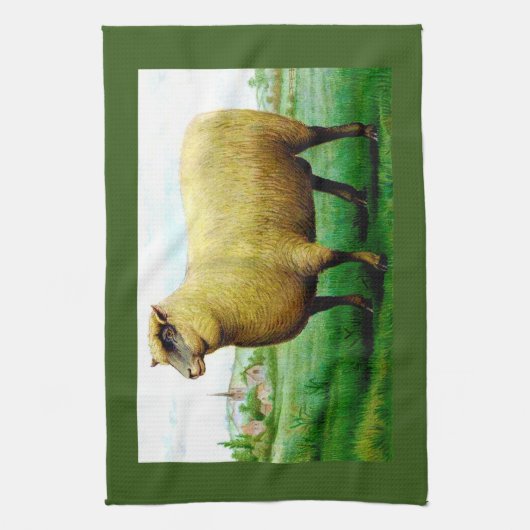 ヴィンテージの緑の牧草地絵画羊 キッチンタオル (縦)