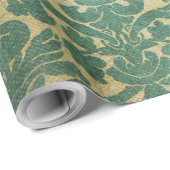 ヴィンテージの緑の白い花のダマスク織パターン ラッピングペーパー (ロールコーナー)