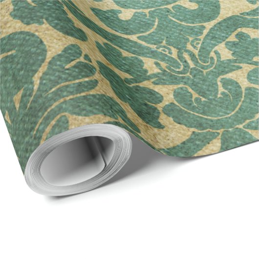 ヴィンテージの緑の白い花のダマスク織パターン ラッピングペーパー (ロールコーナー)