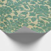 ヴィンテージの緑の白い花のダマスク織パターン ラッピングペーパー (角)