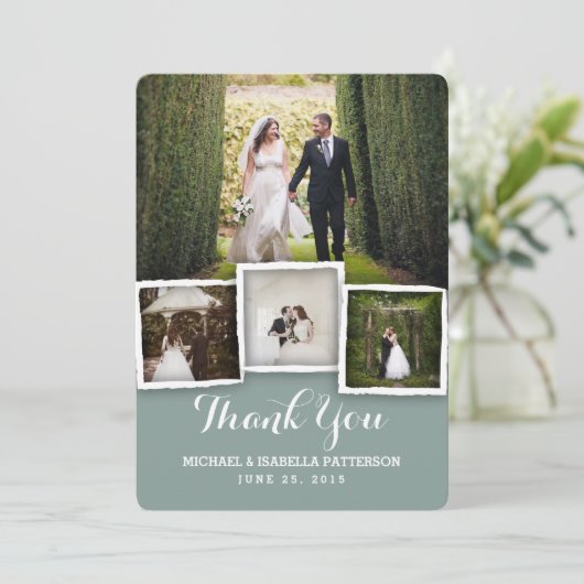 ヴィンテージの緑の結婚式の写真のサンキューカード サンキューカード (スタンド正面)