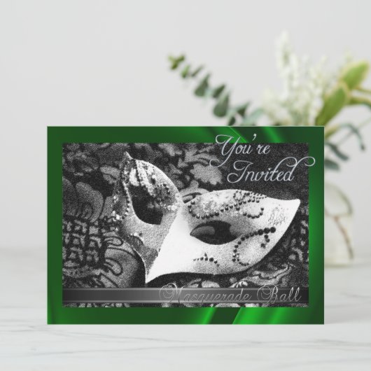 ヴィンテージの緑の絹の仮面舞踏会の招待状 招待状 (スタンド正面)