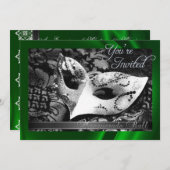 ヴィンテージの緑の絹の仮面舞踏会の招待状 招待状 (正面/裏面)