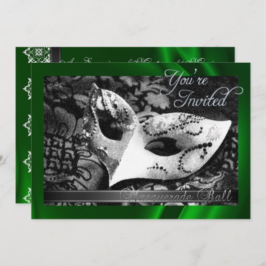 ヴィンテージの緑の絹の仮面舞踏会の招待状 招待状 (正面/裏面)