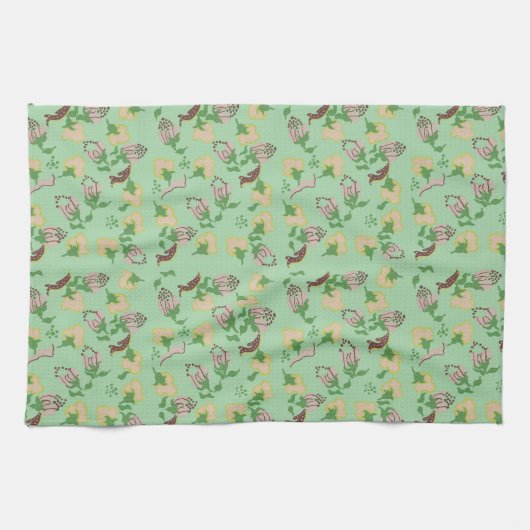 ヴィンテージの緑の花 キッチンタオル (横)