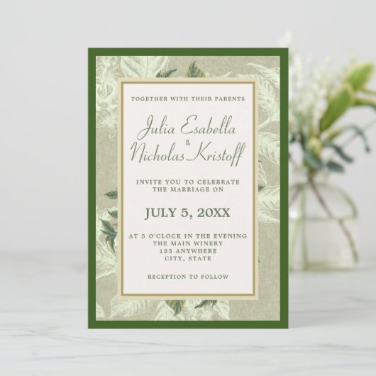 ヴィンテージの緑の金ゴールドの葉の結婚枠 招待状 (スタンド正面)