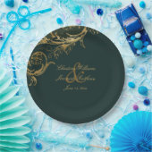 ヴィンテージの緑の金ゴールドフローラダマスクスク結婚スクリプト ペーパープレート (パーティー)