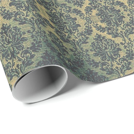 ヴィンテージの緑の青銅色の花のリースのダマスク織 ラッピングペーパー (ロールコーナー)