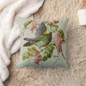 ヴィンテージの緑の鳥およびピンクの花 クッション (ブランケット)