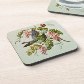 ヴィンテージの緑の鳥およびピンクの花 コースター (左側)