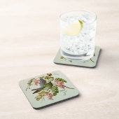ヴィンテージの緑の鳥およびピンクの花 コースター (右側)