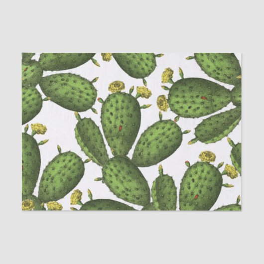 ヴィンテージの緑の黄色い花のサボテンパターン 薄葉紙 (正面)