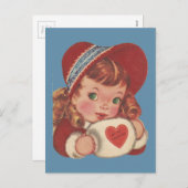 ヴィンテージの緑色の目の女の子のバレンタイン シーズンポストカード (正面/裏面)