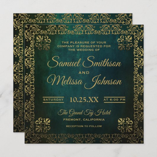 ヴィンテージの緑金ゴールドのオリエンタルの結婚式招待状 招待状 (正面/裏面)