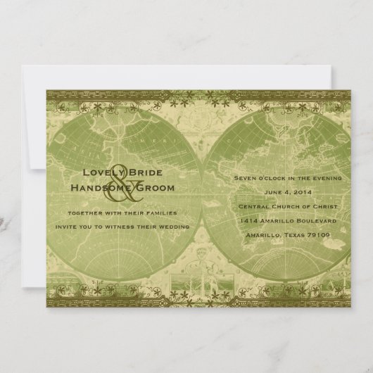 ヴィンテージの緑金ゴールドの世界地図の結婚式招待状 招待状 (正面)