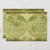 ヴィンテージの緑金ゴールドの世界地図の結婚式招待状 招待状 (正面/裏面)