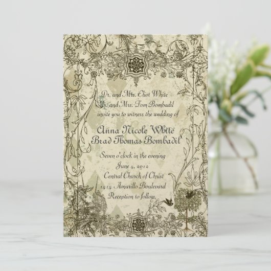 ヴィンテージの緑青のユニコーンの結婚式招待状 招待状 (スタンド正面)