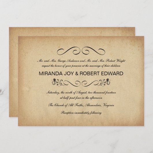 ヴィンテージの羊皮紙の素朴な結婚式招待状 招待状 (正面/裏面)