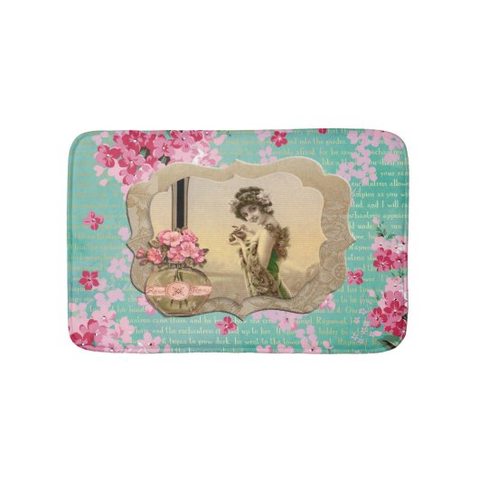 ヴィンテージの美しいのミントの緑及びピンクの花柄 バスマット (正面)