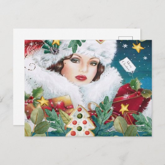 ヴィンテージの美しいクリスマスウーマン ポストカード (正面/裏面)