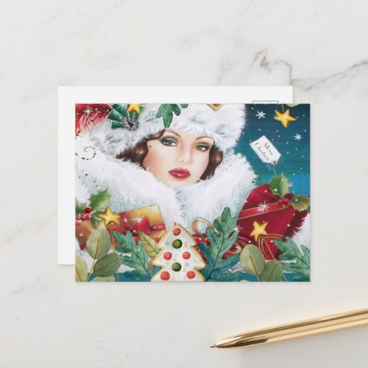 ヴィンテージの美しいクリスマスウーマン ポストカード (正面/裏面インサイチュ)