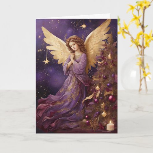 ヴィンテージの美しいクリスマスエンジェルカスタムメッセージ カード (黄色い花)