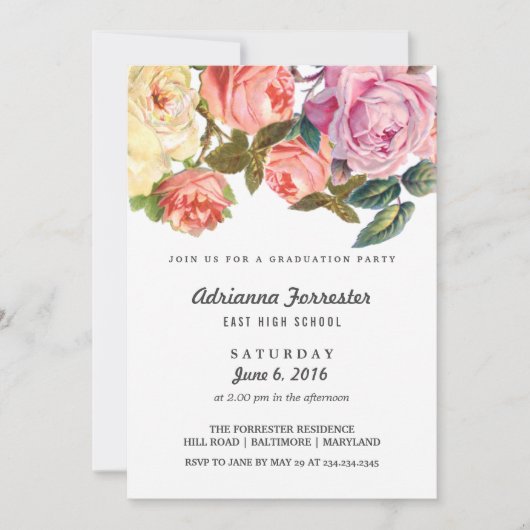 ヴィンテージの美しいバラの卒業パーティー 招待状 (正面)