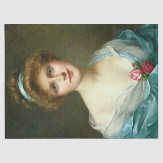 ヴィンテージの美しいレディーグリーンドレスデクページ 薄葉紙 (正面)