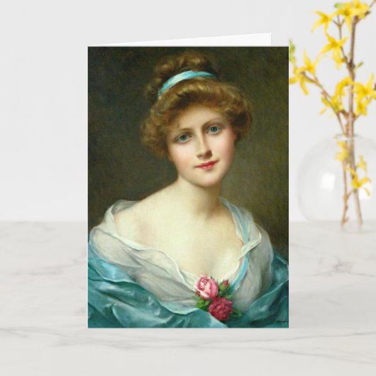 ヴィンテージの美しいレディーグリーンドレス カード (黄色い花)