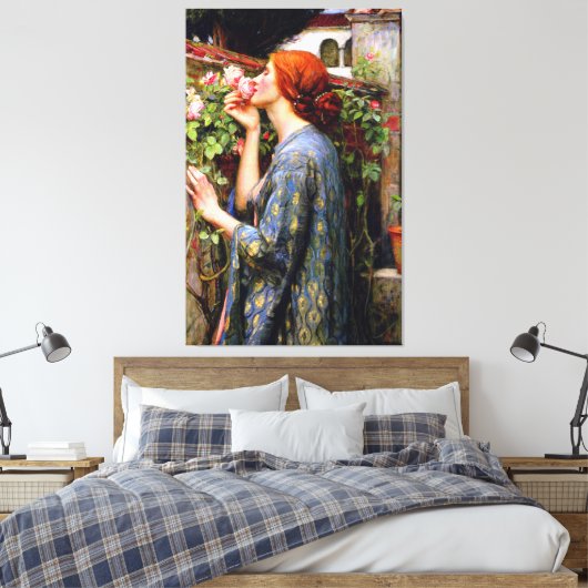 ヴィンテージの美しい女性とピンクのバラの花 キャンバスプリント (インサイチュ (寝室))