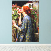 ヴィンテージの美しい女性とピンクのバラの花 キャンバスプリント (インサイチュ (ウッドフロア))