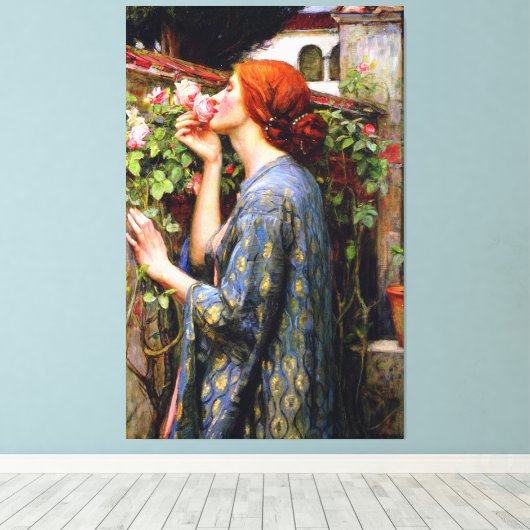 ヴィンテージの美しい女性とピンクのバラの花 キャンバスプリント (インサイチュ (ウッドフロア))