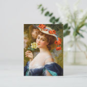 ヴィンテージの美しい女性の青、黄色のバラの花 ポストカード (スタンド正面)