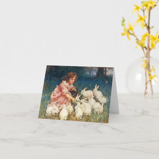 ヴィンテージの美しい芸術のメッセージカードの女の子のバニーウサギ カード (黄色い花)