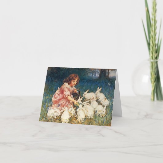 ヴィンテージの美しい芸術のメッセージカードの女の子のバニーウサギ カード (正面)