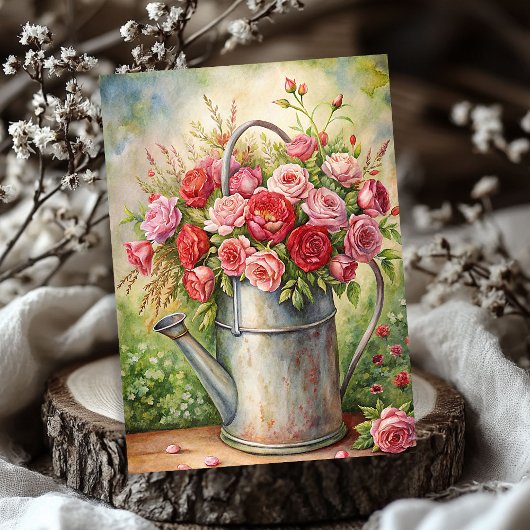 ヴィンテージの美しい赤いバラの花束は金属缶 薄葉紙