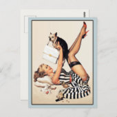 ヴィンテージの美女と愛犬の遊びを描いたポストカード ポストカード (正面/裏面)