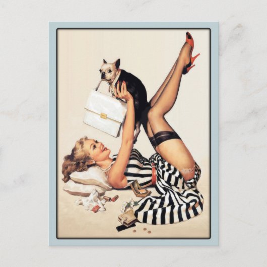 ヴィンテージの美女と愛犬の遊びを描いたポストカード ポストカード (正面)