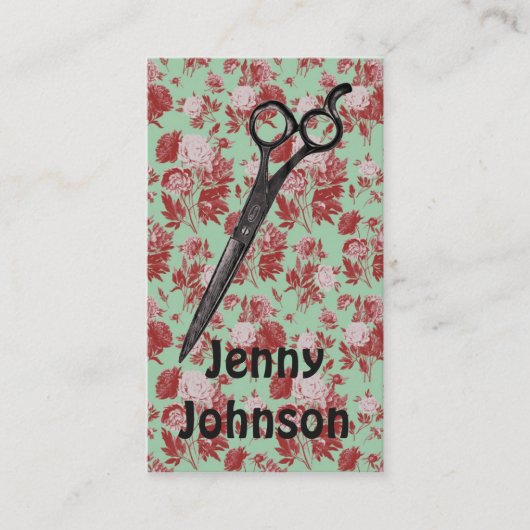 ヴィンテージの美容師の花の真新しいピンクの赤いはさみ 名刺 (正面)