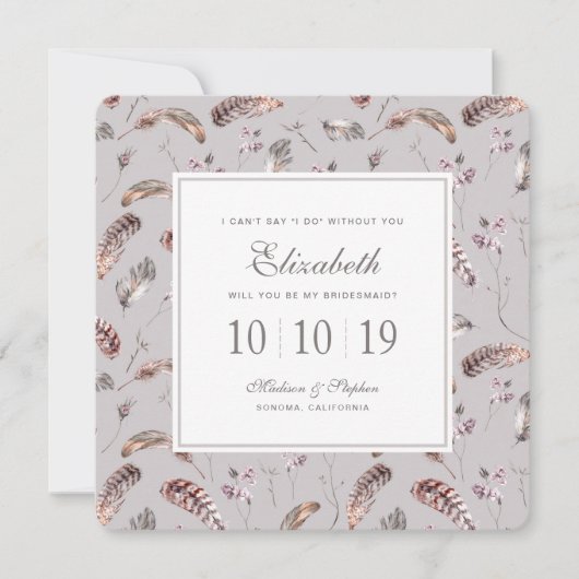 ヴィンテージの羽と花の模様-ブライドメイド 招待状 (正面)