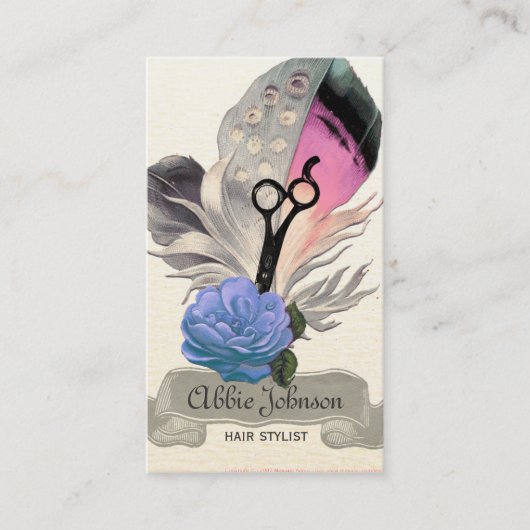 ヴィンテージの羽の美容師の美容師の花柄 名刺 (正面)