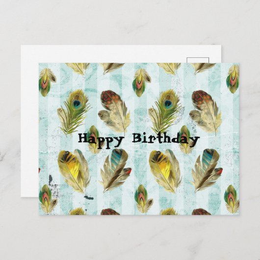 ヴィンテージの羽根でハッピーバースデー ポストカード (正面/裏面)