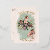 ヴィンテージの翼のキューピッドとヴィオレットバレンタイン 箔シーズンポストカード (正面/裏面)