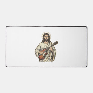 ヴィンテージの聖なるギタリストの彫刻Tシャツデザイン_1 デスクマット