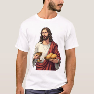 ヴィンテージの聖書のイラストがプリントされた「パンとワインとイエス」Tシャツ 2 Tシャツ