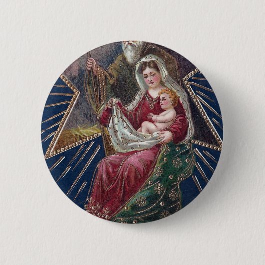 ヴィンテージの聖母マリアとベビーイエス・クリスマス 缶バッジ (正面)