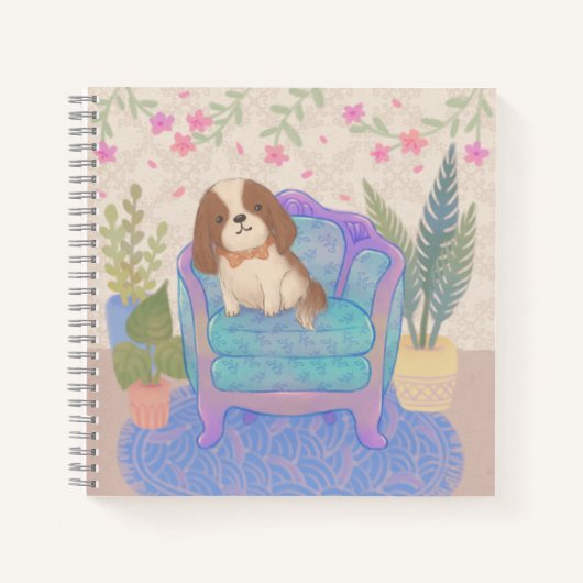 ヴィンテージの肘掛け椅子に座るかわいい子犬のイラスト ノートブック (正面)