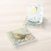 ヴィンテージの背景の黄色および緑のすずめ ガラスコースター (アングル)