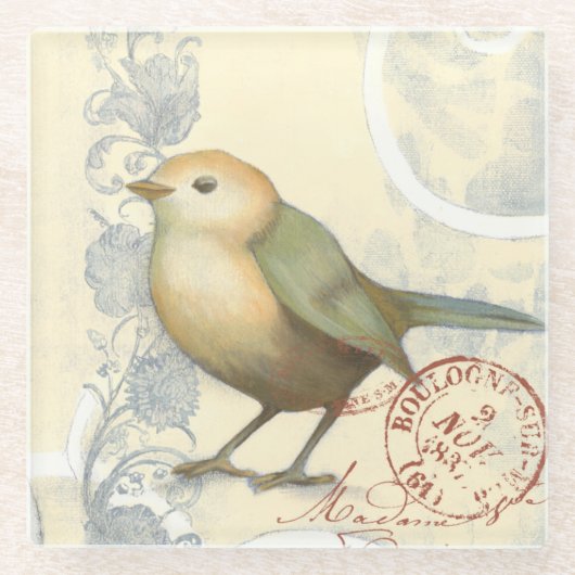 ヴィンテージの背景の黄色および緑のすずめ ガラスコースター (正面)